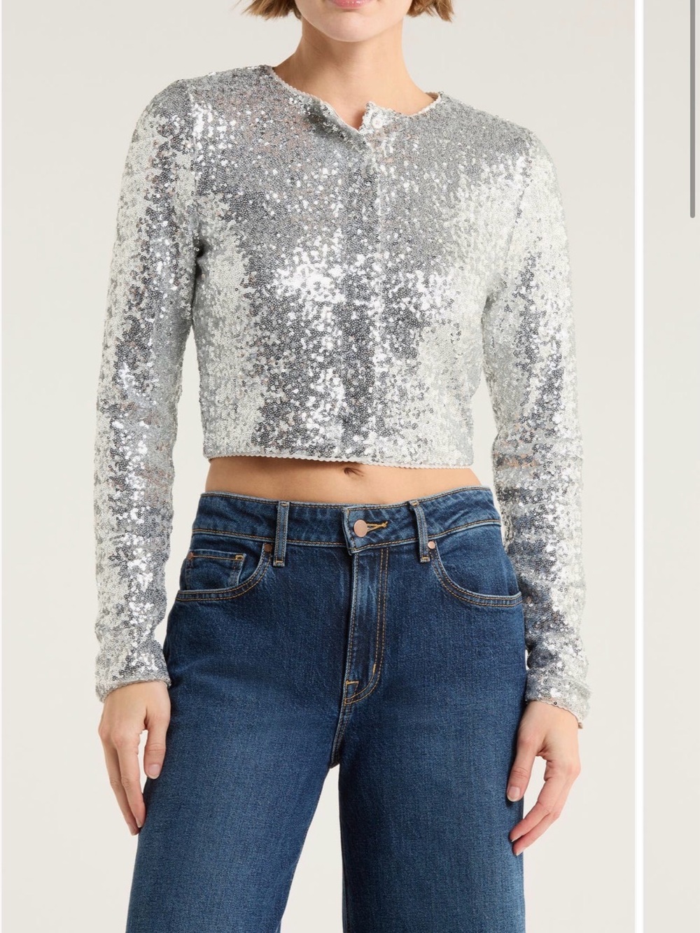 NWT GOOD AMERICAN Silver Cluster Sequin Long-Sleeve Cropped Cardigan size XS